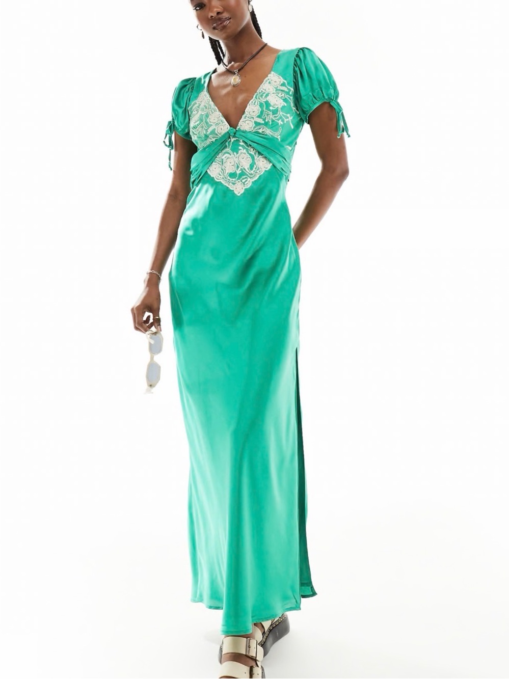 Free People Cooper Dress in Verdis Turquoise Green Cream Lace Panel
